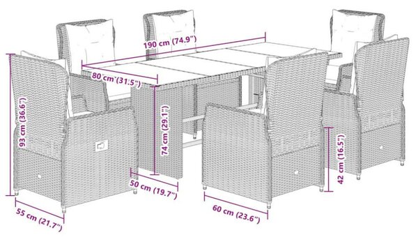Polyrattan Kerti Étkezőgarnitúra - 7 részes - Szürke