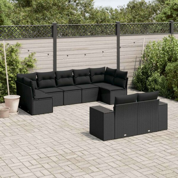 VidaXL 9 részes fekete polyrattan kerti ülőgarnitúra párnákkal