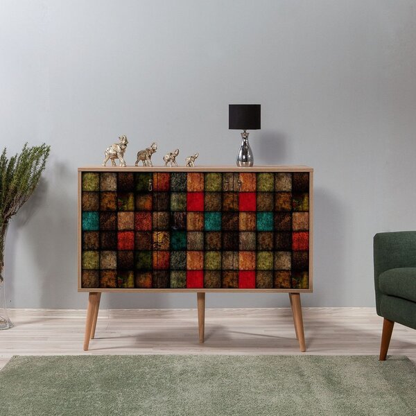 Komód, 120 cm színes kocka mintás, tölgy - CUBIKO