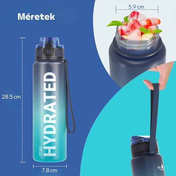 Színátmenetes, Feliratos Kulacs Szivárgásmentes Kupakkal - 1000 ml - Fekete/Türkiz