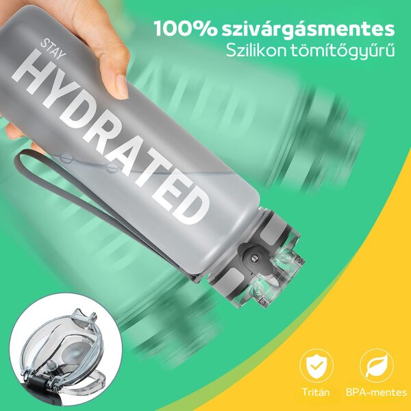Színátmenetes, Feliratos Kulacs Szivárgásmentes Kupakkal - 1000 ml - Szürke/Fekete