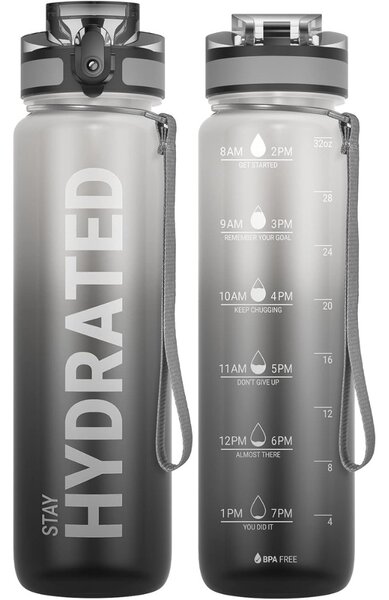 Színátmenetes, Feliratos Kulacs Szivárgásmentes Kupakkal - 1000 ml - Szürke/Fekete