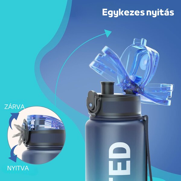 Színátmenetes, Feliratos Kulacs Szivárgásmentes Kupakkal - 1000 ml - Fekete/Türkiz