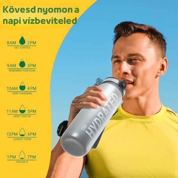 Színátmenetes, Feliratos Kulacs Szivárgásmentes Kupakkal - 1000 ml - Szürke/Fekete