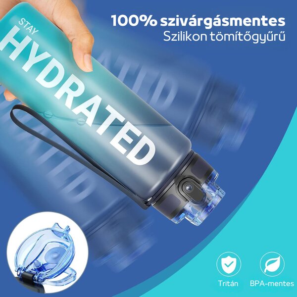 Színátmenetes, Feliratos Kulacs Szivárgásmentes Kupakkal - 1000 ml - Fekete/Türkiz