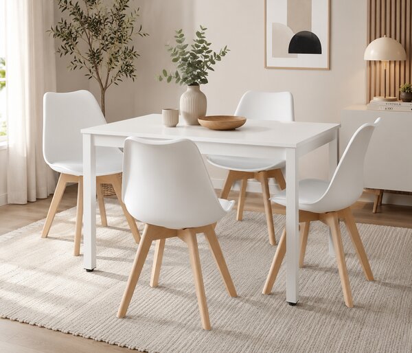 Étkezőasztal szett: Tessa 120×60 cm fehér/fehér + 4 db OSLO szék fehér/natúr láb