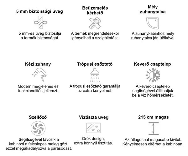 Vital Black 90x90 cm íves mélytálcás hidromasszázs zuhanykabin
