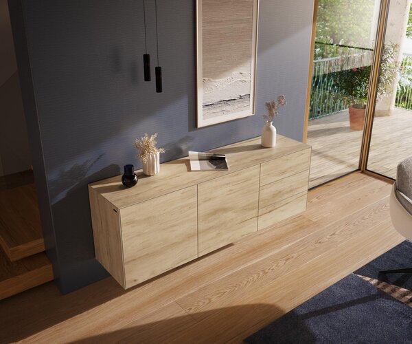 DELIFE Komód Cuor 180 cm Laminam® Sabbia kerámia tölgyszínű 2 ajtós 3 fiókos lebegő
