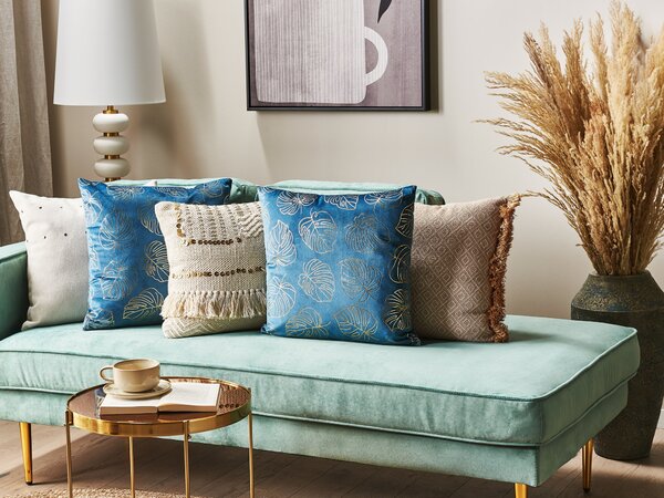 2 db díszpárna DELICIOSA 45 x 45 cm Bársony Kék Növénymintás