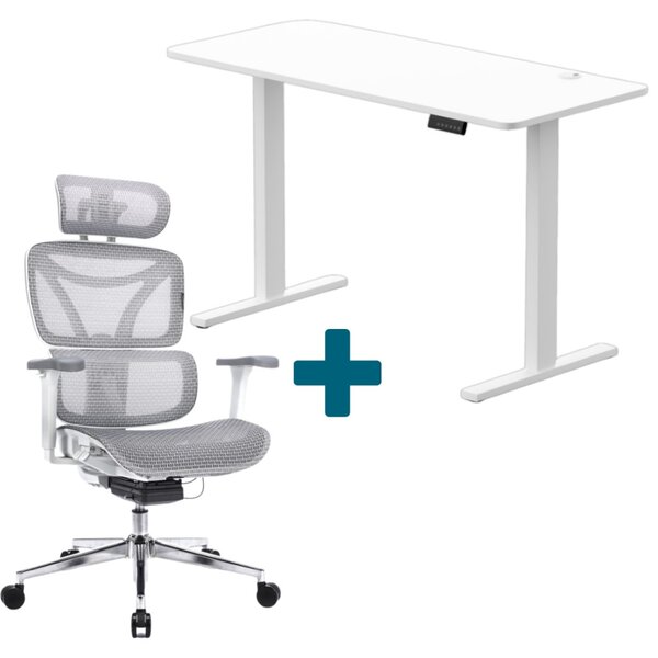 LVN System Control+ elektromos asztal + Control Pro forgószék szett | Fehér 120x60cm elektromosan állítható magasságú íróasztal + világosszürke forgószék