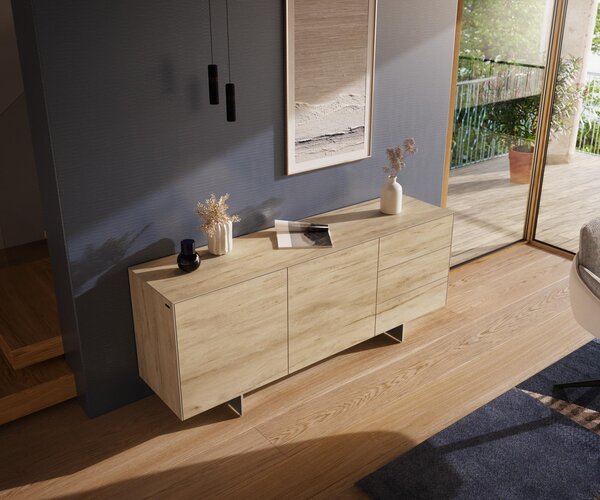 DELIFE Komód Cuor 180 cm kerámia Laminam® Sabbia tölgyszínű 2 ajtós 3 fiókos láb lebegő rozsdamentes acél