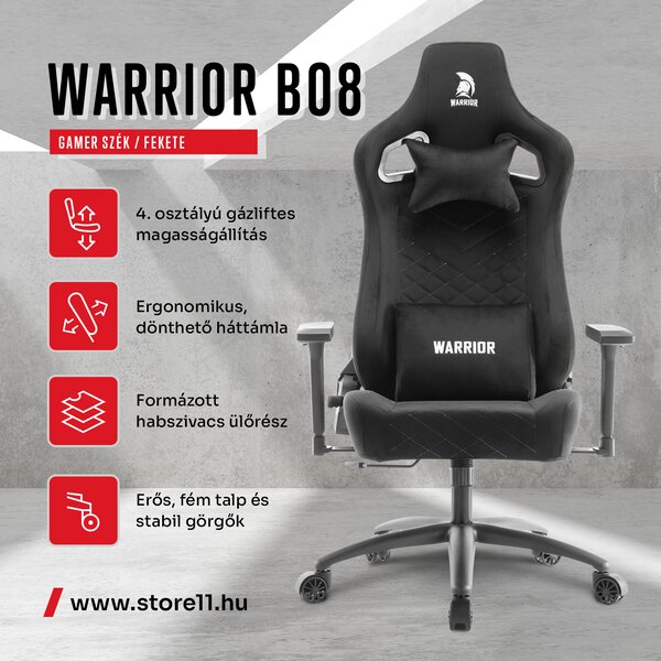 WARRIOR gamer szék, forgószék fekete - bársony szövet (PREMIUM-B08)