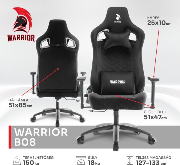 WARRIOR gamer szék, forgószék fekete - bársony szövet (PREMIUM-B08)