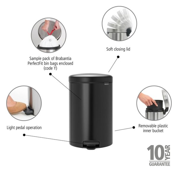 Matt fekete acél pedálos szemetes 20 l NewIcon – Brabantia