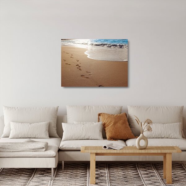Kép - nyomok a homokban és a tenger (üvegen) (70x50 cm)
