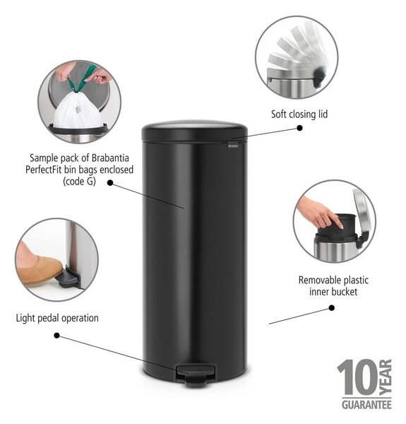 Matt fekete acél pedálos szemetes 30 l NewIcon – Brabantia