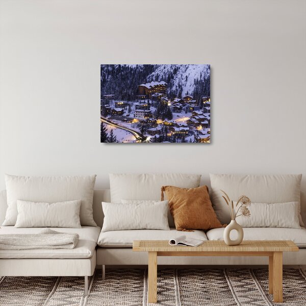 Kép - téli hegyi város (üvegen) (70x50 cm)