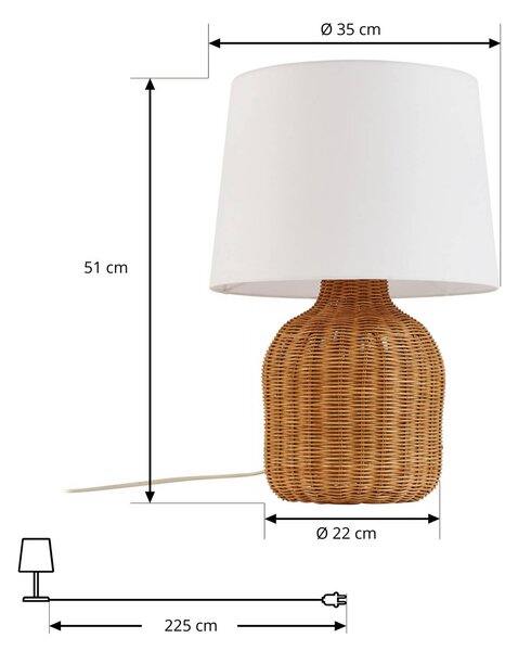 Lindby asztali világítás Lirenda, magasság 52 cm, rattan, természetes/fehér, Fehér / opál, Nappali / Étkező, Fa, Skandináv