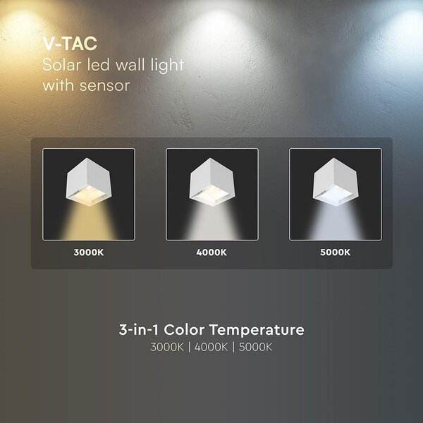 V-TAC 9W COB LED szolár fali fehér lámpa, szenzorral, CCT - SKU 24063