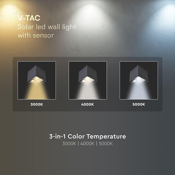 V-TAC 9W COB LED szolár fali sötét szürke lámpa, szenzorral, CCT - SKU 24089
