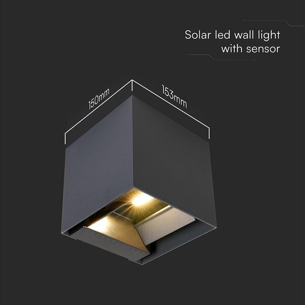 V-TAC 9W COB LED szolár fali sötét szürke lámpa, szenzorral, CCT - SKU 24089