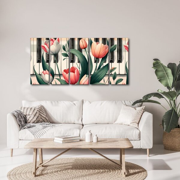 5 részes kép zongora és tulipánok virágszimfóniában