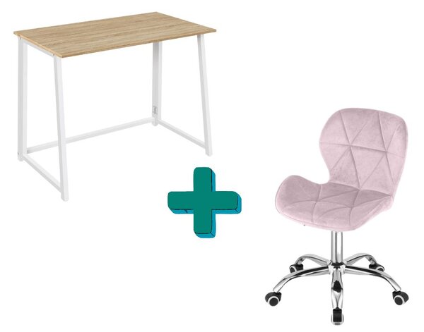 Dolgozószobai szett – összecsukható íróasztal ZARIMO 80×40 cm fehér + irodai szék AVOLA VELVET rózsaszín