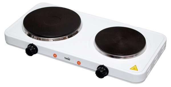 HOME HG R 02WH hordozható elektromos főzőlap, dupla, teljesítmény 1000 W + 1500 W, ∅15 cm + ∅18 cm főzőfelület, zománcozott készülékház, fehér