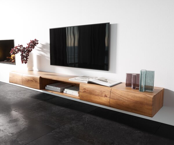 DELIFE TV szekrény New Live-Edge 240 cm akác természetes 4 ajtós 1 rekeszes lebegő