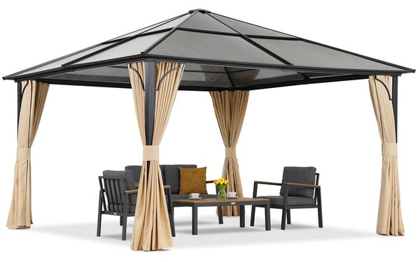Modern kerti pavilon Santiago 4x4m Garden Point függönyökkel bézs színben