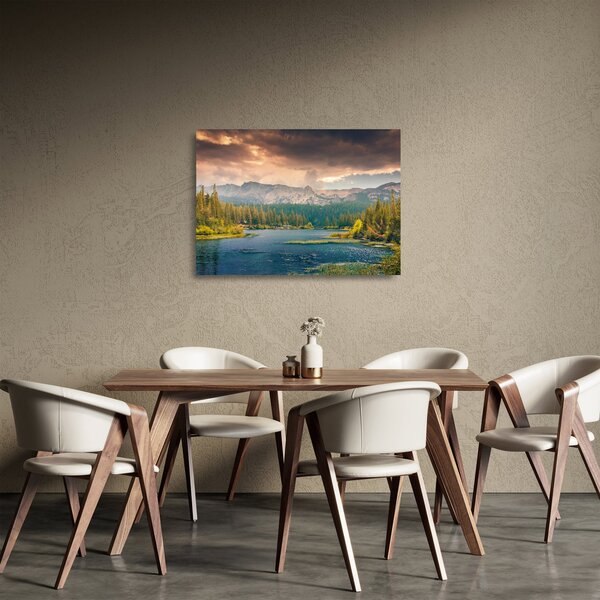 Egy kép a hegyi folyó és a hegyek (üvegen) (70x50 cm)