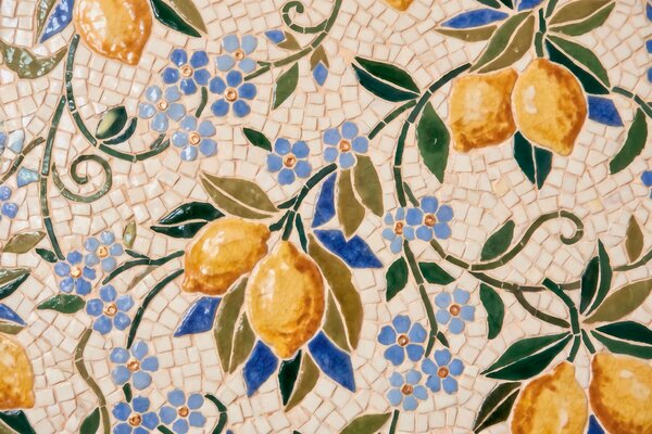 Fotótapéta Élénk, kerámia mozaik stílusú díszítő kompozíció, lédús citromokkal, virágokkal,, Fotótapéta provence stílusban, w09948 : Uwalls.hu