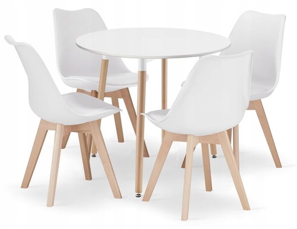 Kerek étkezőasztal szett: KAMI 80 cm fehér + 4x Oslo fehér/natúr