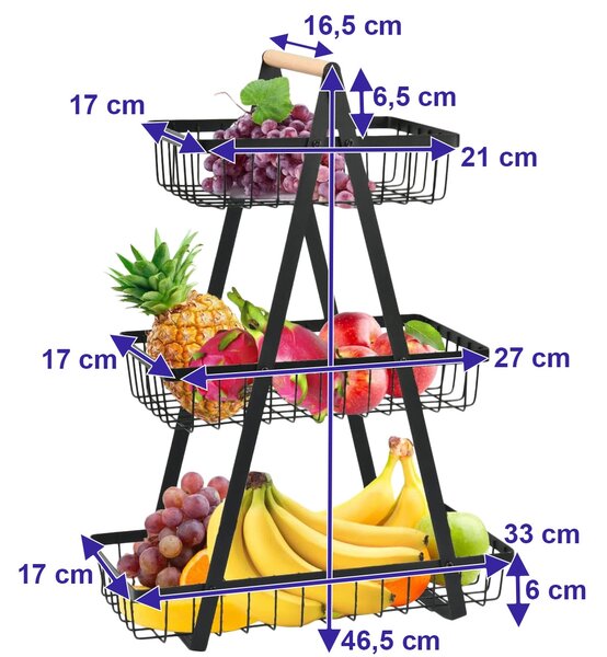 PULOS fekete, 3 szintes gyümölcskosár