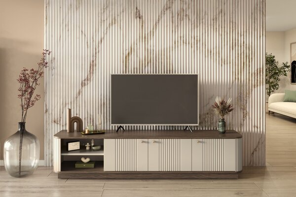 Vesper 3D TV-szekrény 187 cm talapzaton - kasmír / dió / arany fogantyúk