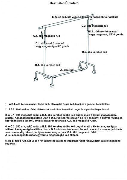 150cm Fékezhető Ruha Sztender Klipszes Magasság Állítóval + 5db Vállfa