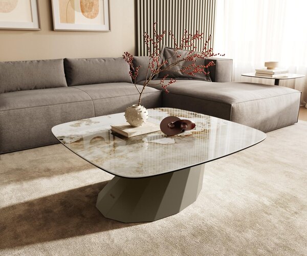 DELIFE Dohányzóasztal Edge hajóformájú 90x90 cm kerámia Minas Melange Parabi fém titán színű effektfinish