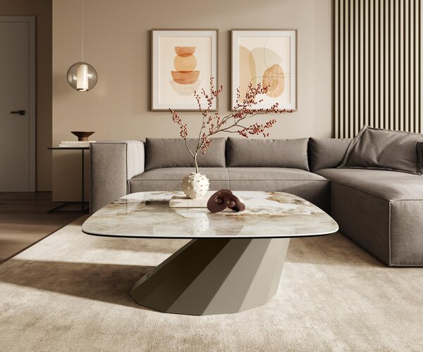 DELIFE Dohányzóasztal Edge hajóformájú 90x90 cm kerámia Minas Melange Parabi fém titán színű effektfinish