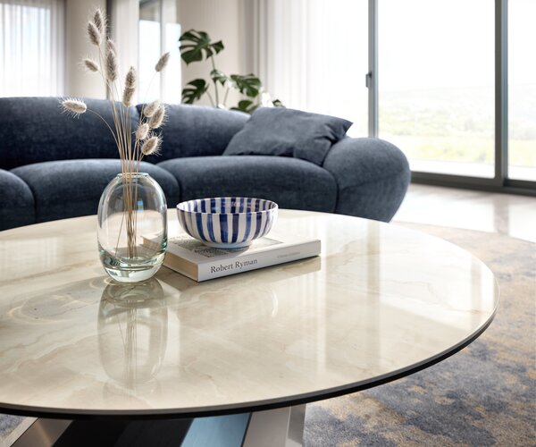 DELIFE Dohányzóasztal Edge kerek 100x100 cm kerámia onyx pezsgő parabi rozsdamentes acél szálcsiszolt