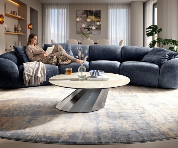 DELIFE Dohányzóasztal Edge kerek 100x100 cm kerámia onyx pezsgő parabi rozsdamentes acél szálcsiszolt