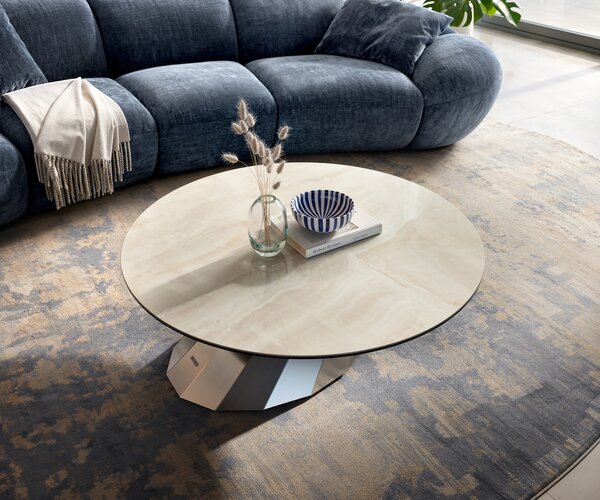 DELIFE Dohányzóasztal Edge kerek 100x100 cm kerámia onyx pezsgő parabi rozsdamentes acél szálcsiszolt