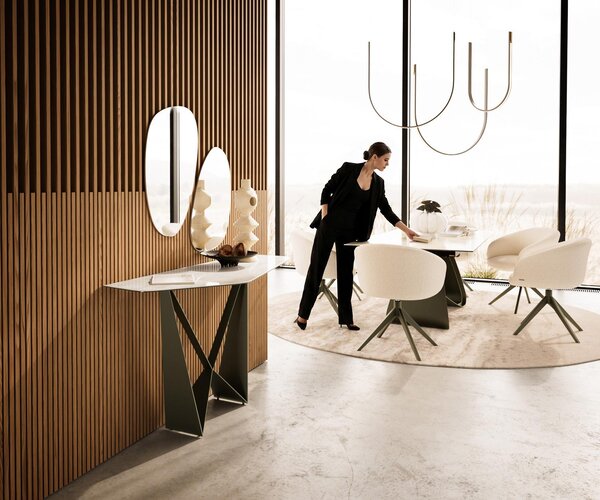 DELIFE Konzolasztal Edge poligonális 140x50 cm kerámia ónix pezsgő Spios fém titán effekt finish