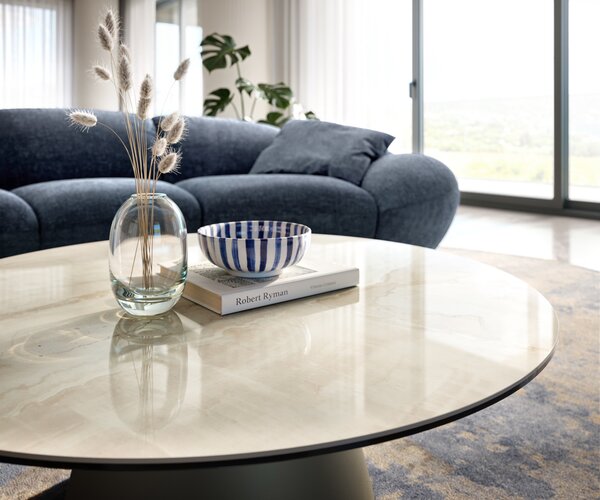 DELIFE Dohányzóasztal Edge kerek 100x100 cm kerámia onyx pezsgő Borna titán effektfinish