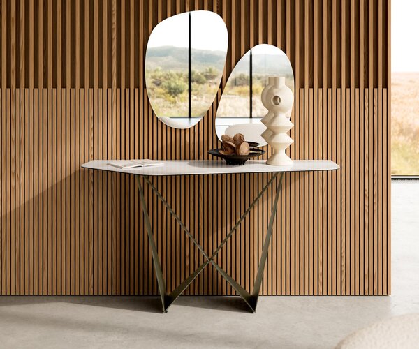 DELIFE Konzolasztal Edge poligonális 140x50 cm kerámia ónix pezsgő Spios fém titán effekt finish