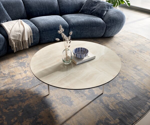 DELIFE Dohányzóasztal Edge kerek 100x100 cm kerámia onyx pezsgő Trive rozsdamentes acél szálcsiszolt
