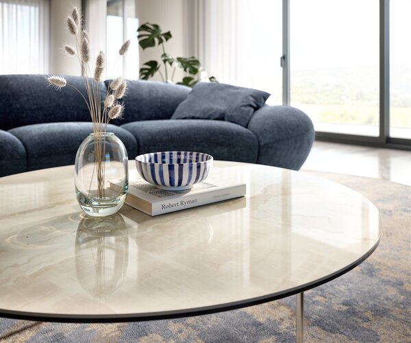 DELIFE Dohányzóasztal Edge kerek 100x100 cm kerámia onyx pezsgő Trive rozsdamentes acél szálcsiszolt
