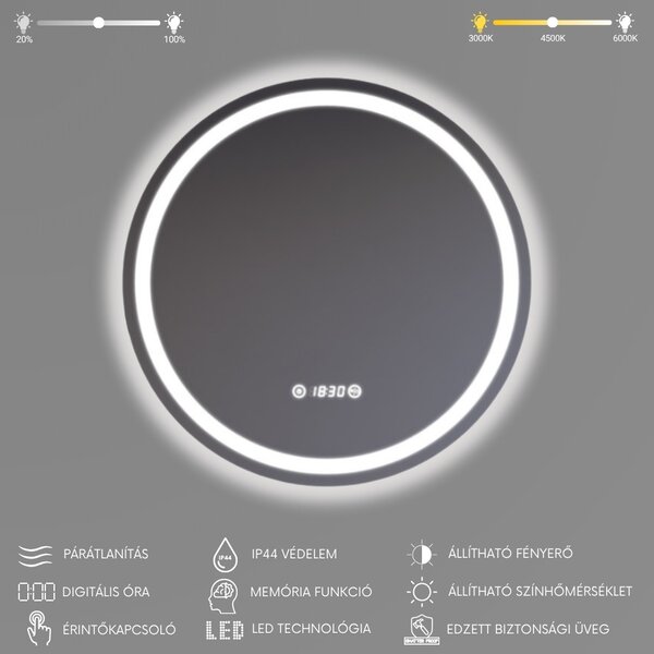 Ø60cm kerek LED tükör Welland Type20R | Páramentesítő - Óra - Fényerő + színhőfok állítás