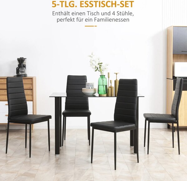 HOMCOM 5 részes étkezőgarnitúra, ülőgarnitúra, étkezőasztal 4 székkel, modern dizájn, üvegasztal, fekete