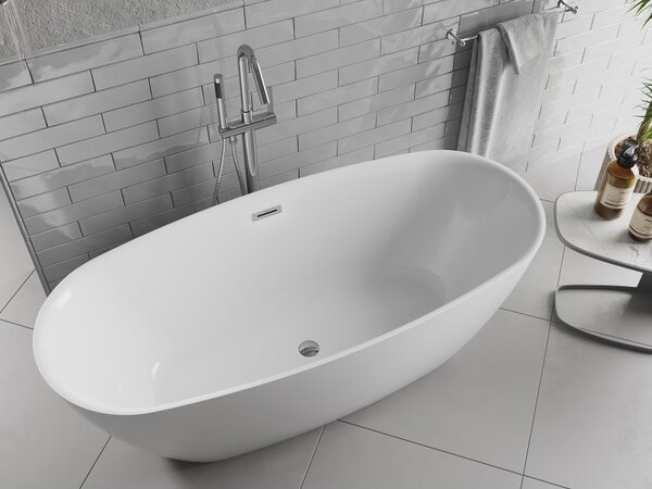 Mexen Luvo Slim, szabadon álló kád 170 × 75 cm, fényes fehér, króm túlfolyó, 52801707500-01