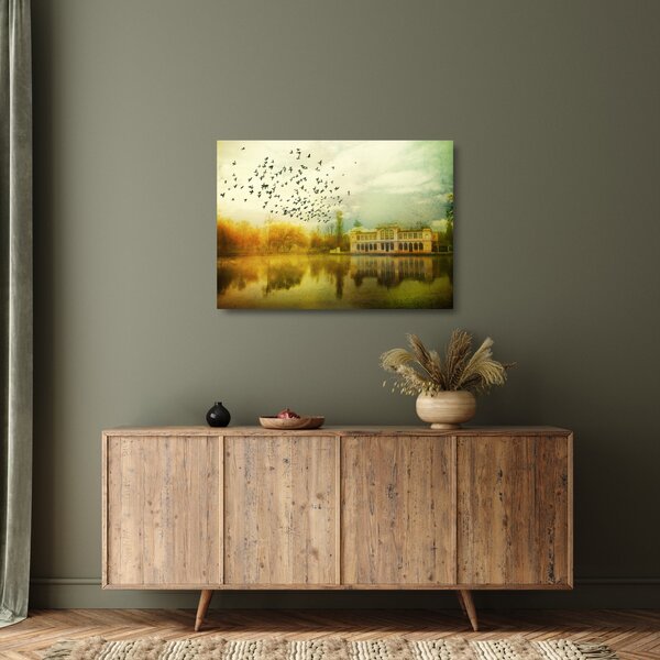 A festett táj képe lakóhelyel (üvegen) (70x50 cm)